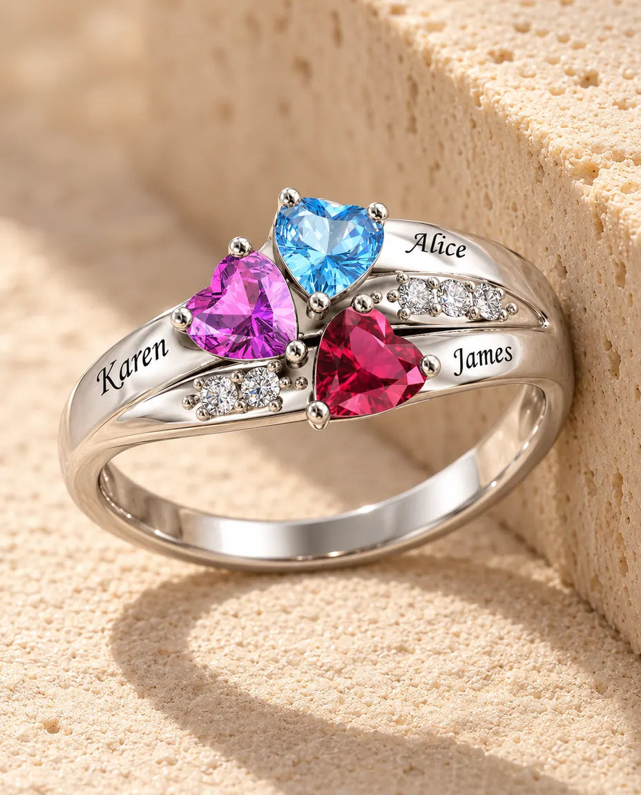 Gepersonaliseerde Ring met 3 Geboortestenen en 3 Namen - 925 zilveren moederring met hartjes als klavertje - in sterling zilver