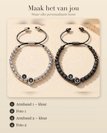 Personalisatiegids met Armband 1 – kleur, Foto 1, Armband 2 – kleur en Foto 2 op de koppel armbanden
