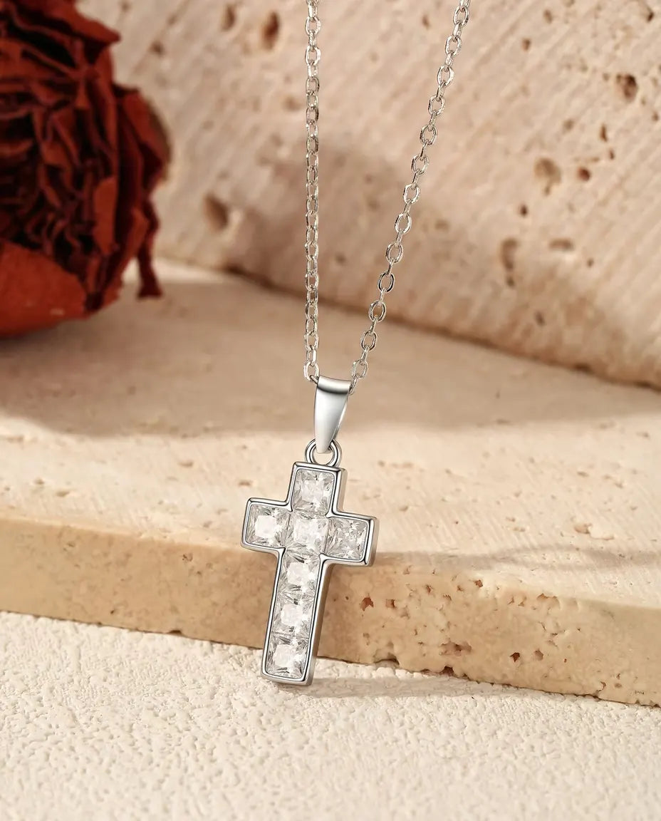Kruis Ketting met Pavé - hanger van 10 x 17 mm met vaste oogje, fijne ketting 40+5 cm, sterling zilver 925