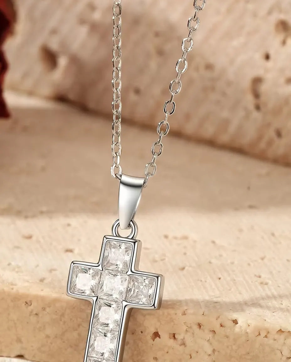 Kruis Ketting met Pavé - hanger van 10 x 17 mm met vast oogje, fijne ketting 40+5 cm, 925 sterling zilver