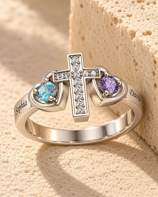 Gepersonaliseerde Kruis Ring met 2 Geboortestenen en 2 Namen - 925 zilveren familiering voor mama - in sterling zilver