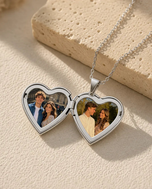 Medaillon met Foto – Bol Hart met Bloemgravure voor 2 Foto's, Zilver of Goud