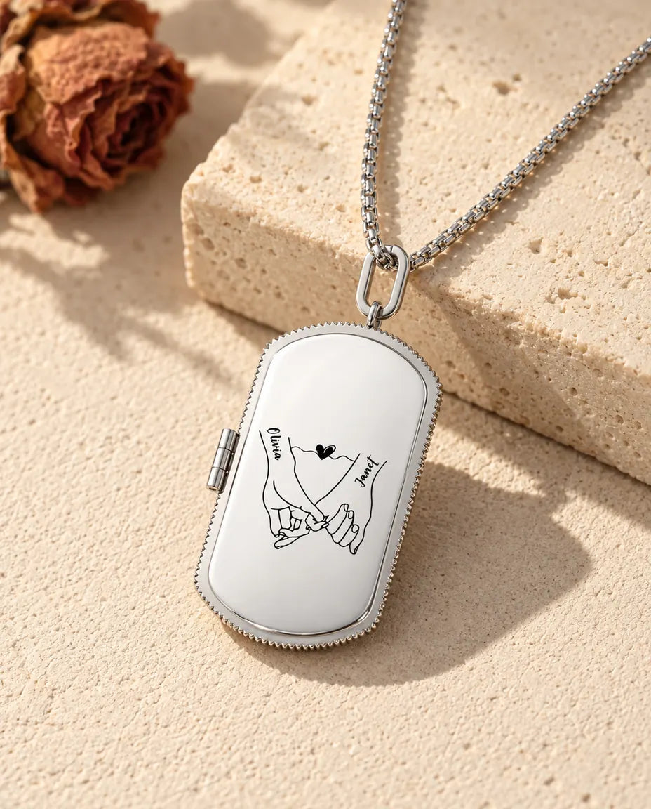Gepersonaliseerd fotomedaillon voor heren in zilverkleur, dog tag met gegraveerde pinkybelofte en twee namen