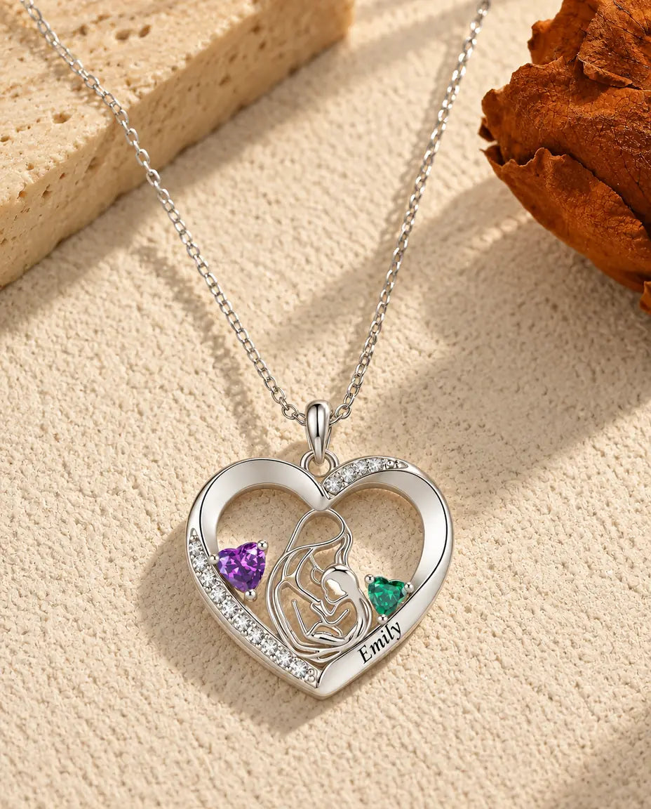Gepersonaliseerde Moeder en Kind Ketting met Naam - hart hanger met twee geboortestenen, gerhodineerd