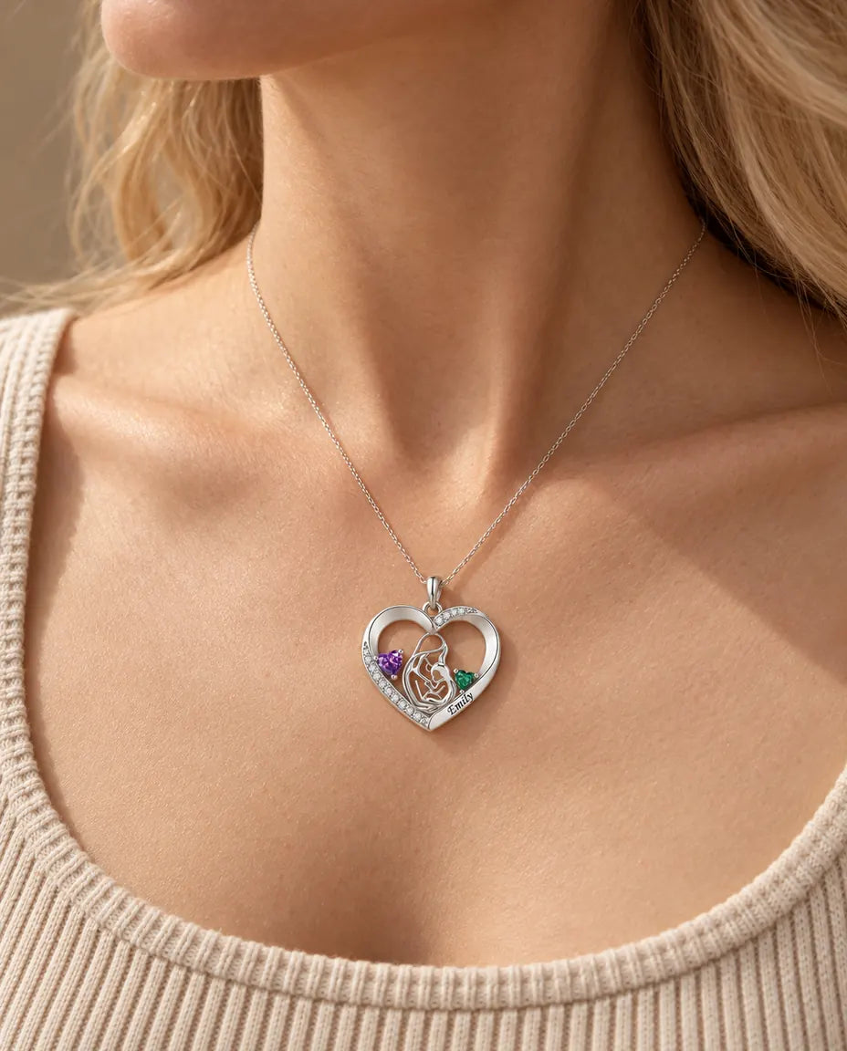 Gepersonaliseerde Moeder en Kind Ketting met Naam - hart hanger met twee geboortestenen, gerhodineerd