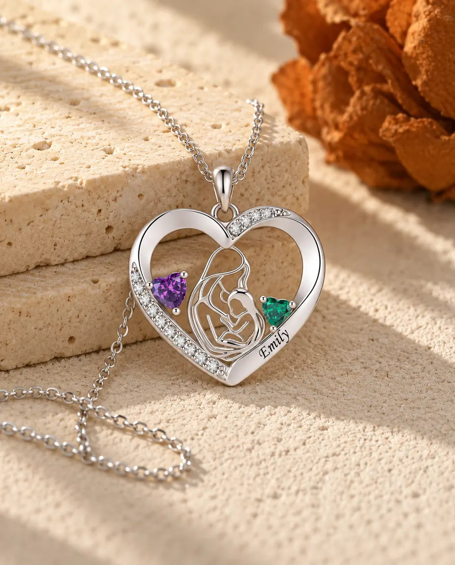Gepersonaliseerde Moeder en Kind Ketting met Naam - hart hanger met twee geboortestenen, gerhodineerd