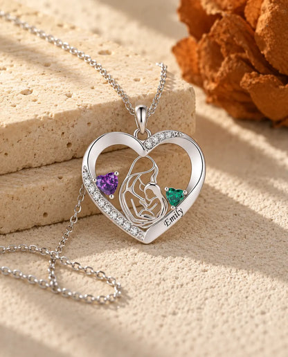 Gepersonaliseerde Moeder en Kind Ketting met Naam - hart hanger met twee geboortestenen, gerhodineerd