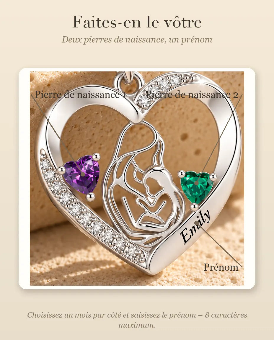 Gepersonaliseerde Moeder en Kind Ketting met Naam - hart hanger met twee geboortestenen, gerhodineerd