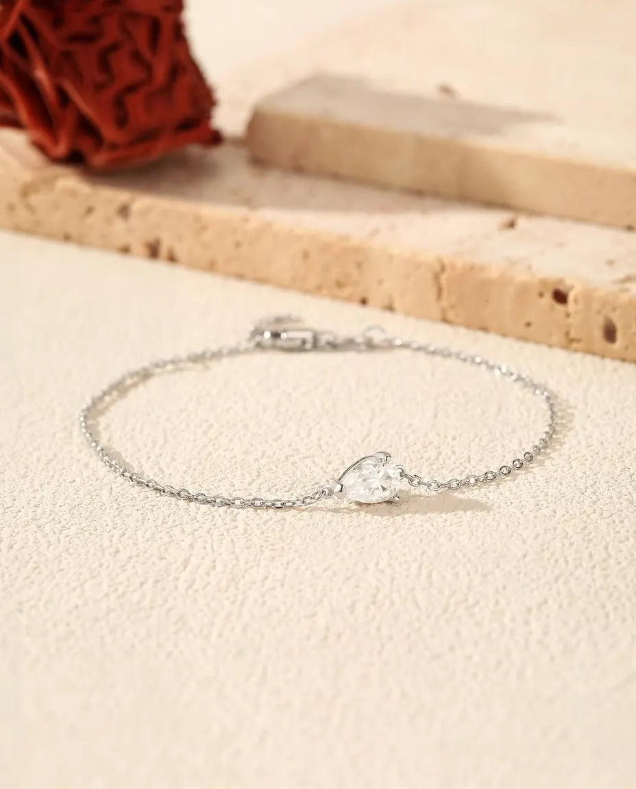 Moissanite Armband Druppel geslepen - 0,80 ct kleur D, 5 x 7 mm, fijne ketting van 16+3 cm, zilver 925