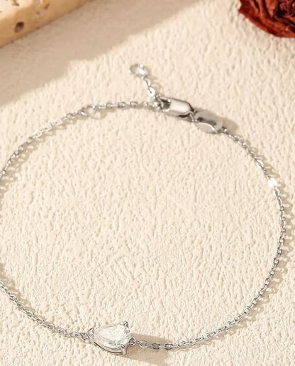 Moissanite Armband Druppel geslepen - 0,80 ct kleur D, 5 x 7 mm, fijne ketting van 16+3 cm, zilver 925