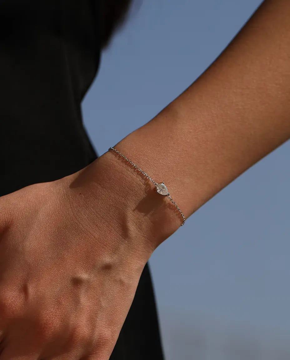 Moissanite Armband Druppel geslepen - 0,80 ct kleur D, 5 x 7 mm, fijne ketting van 16+3 cm, zilver 925