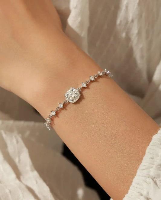 Armband met Halo van Moissanite – cushion van 0,8 ct in D-kleur, verstelbare ketting van 925 sterling zilver