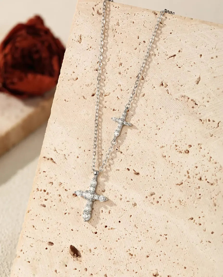Moissanite Ketting Dubbel Kruis - pavé kruishanger en horizontaal kruis in de ketting, 925 zilver, 40+5 cm