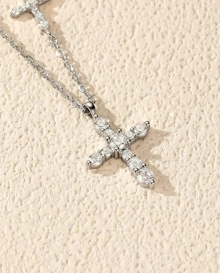 Moissanite Ketting Dubbel Kruis - pavé kruishanger en horizontaal kruis in de ketting, 925 zilver, 40+5 cm