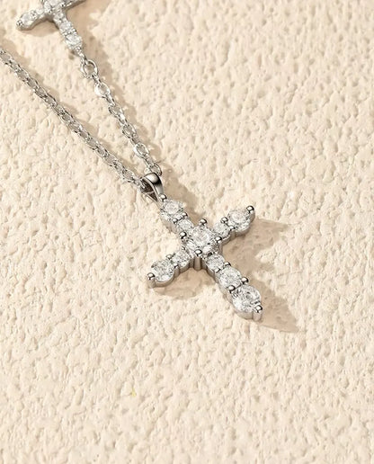 Moissanite Ketting Dubbel Kruis - pavé kruishanger en horizontaal kruis in de ketting, 925 zilver, 40+5 cm