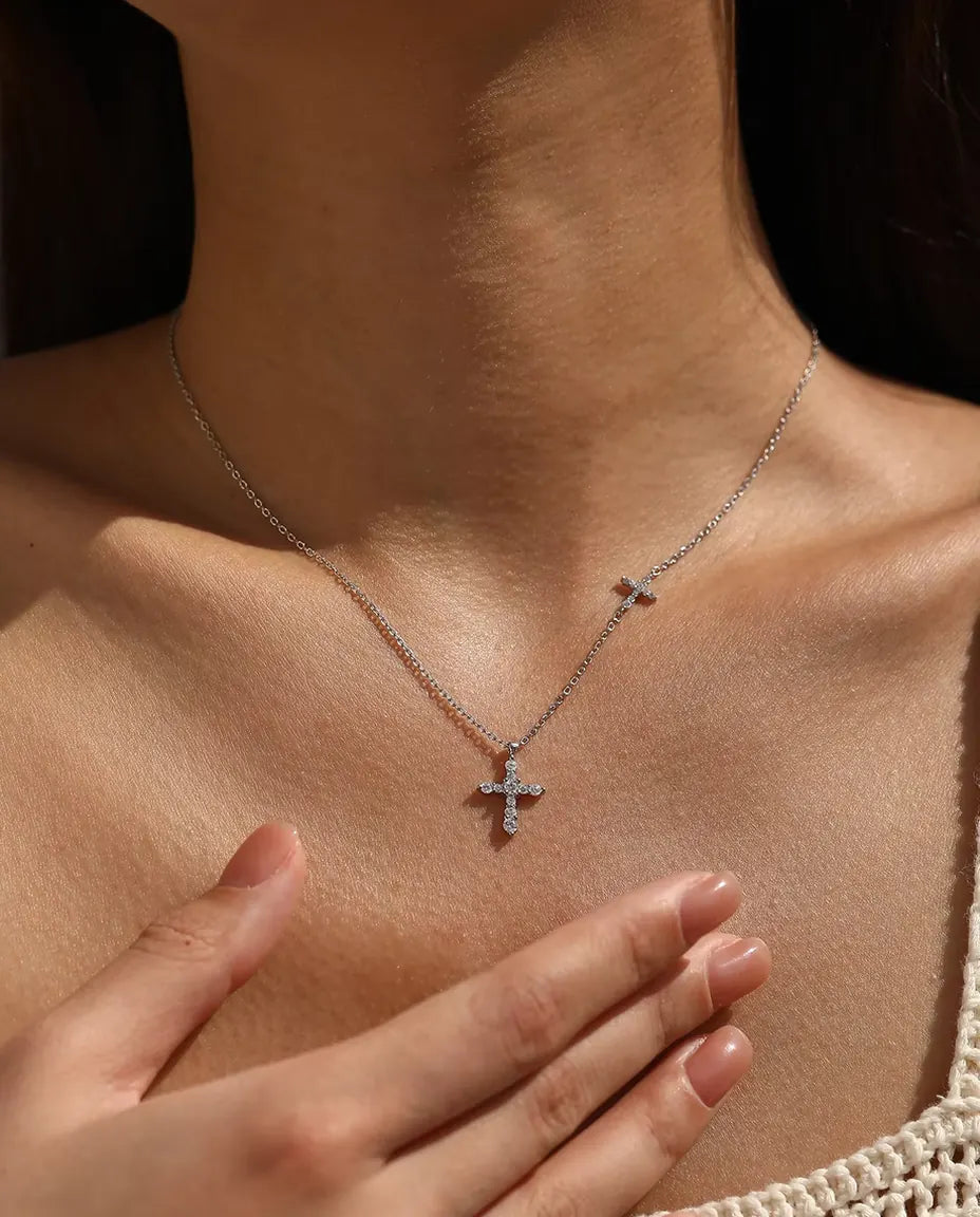 Moissanite Ketting Dubbel Kruis - pavé kruishanger en horizontaal kruis in de ketting, 925 zilver, 40+5 cm