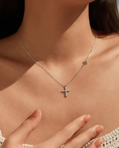 Moissanite Ketting Dubbel Kruis - pavé kruishanger en horizontaal kruis in de ketting, 925 zilver, 40+5 cm