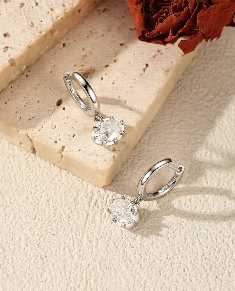 Moissanite Klapoorringen met Hanger Ovaal - stenen van 1,00 ct 5 x 7 mm, 21 mm lang, 925 sterling zilver