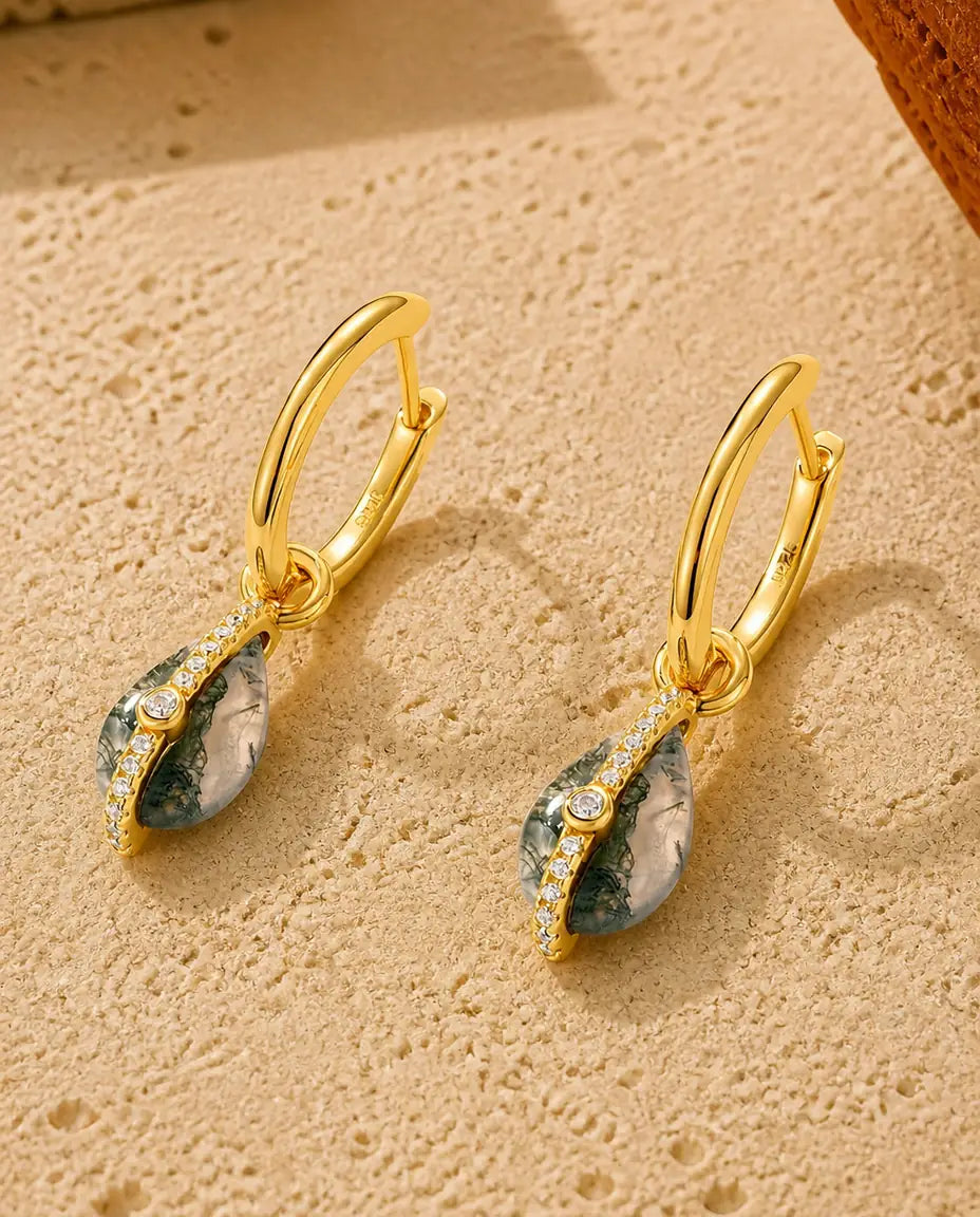 Mosagaat klaphoops - Druppelvormige cabochon met zirkonia rand, 30 mm, 925 zilver met 10K goudlaag, cadeau voor haar