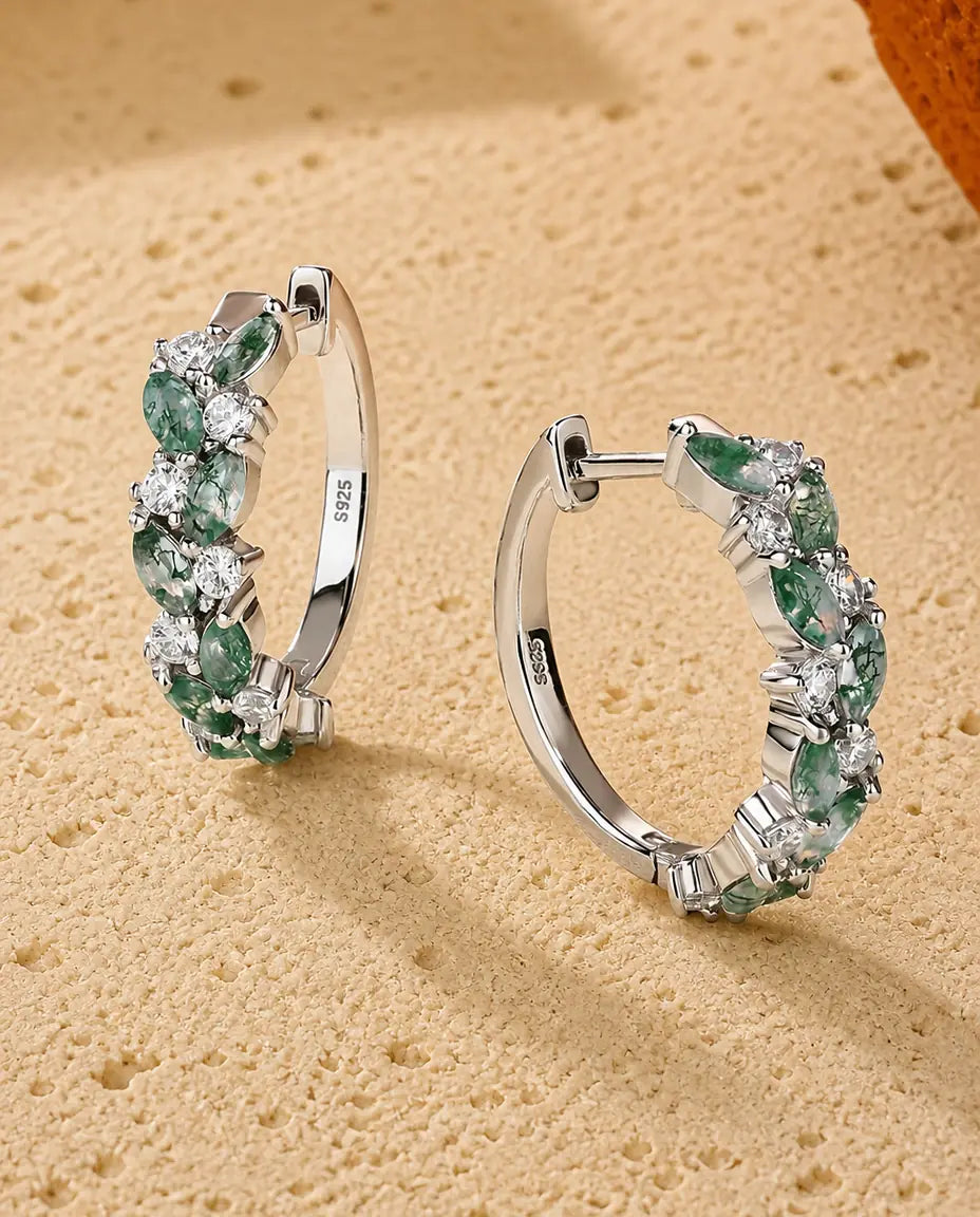 Mosagaat klaphoops - Marquise mosagaat en zirkonia rondom gezet, 19 mm, 925 sterling zilver, cadeau voor haar