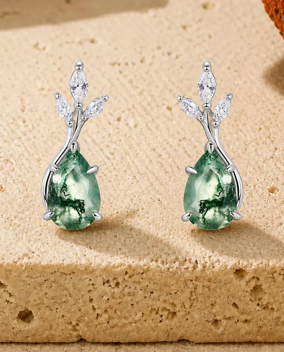 Mosagaat Oorbellen - Bladtakje met gebogen steel en mosagaat druppel, 925 sterling zilver, cadeau voor haar