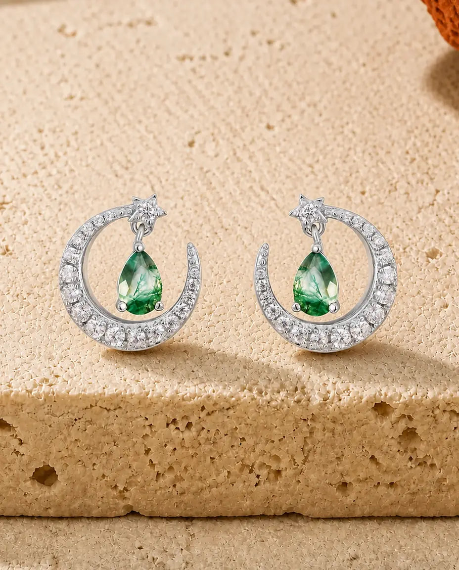 Mosagaat Oorbellen - Wassende maan met ster en mosagaat druppel, 925 sterling zilver, cadeau voor haar