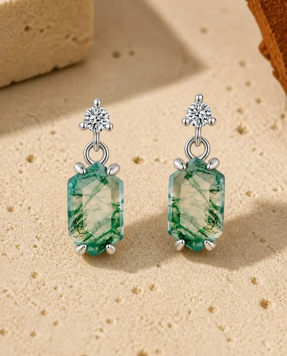 Mosagaat oorhangers - Groene mosagaat in langwerpige achthoek met zirkonia, 925 sterling zilver, cadeau voor haar