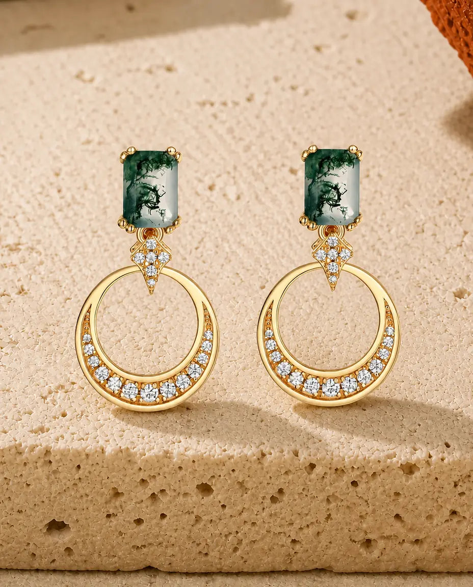 Mosagaat oorhangers - Emerald geslepen mosagaat met open pavé-cirkel, 925 sterling zilver in zilver of goud, cadeau voor haar