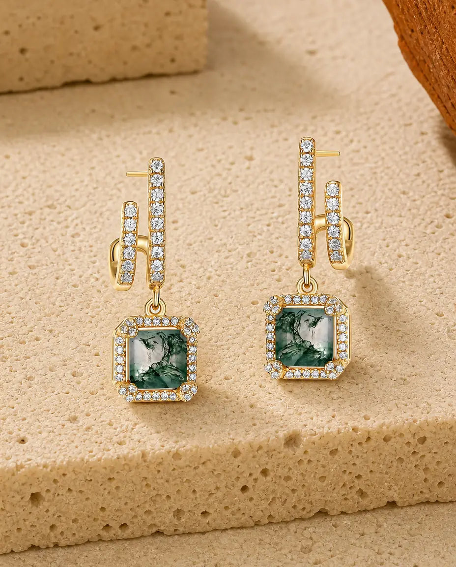 Mosagaat oorhangers - Vierkante groene mosagaat met zirkonia halo aan een balkje, 925 sterling zilver in zilver of goud, cadeau voor haar