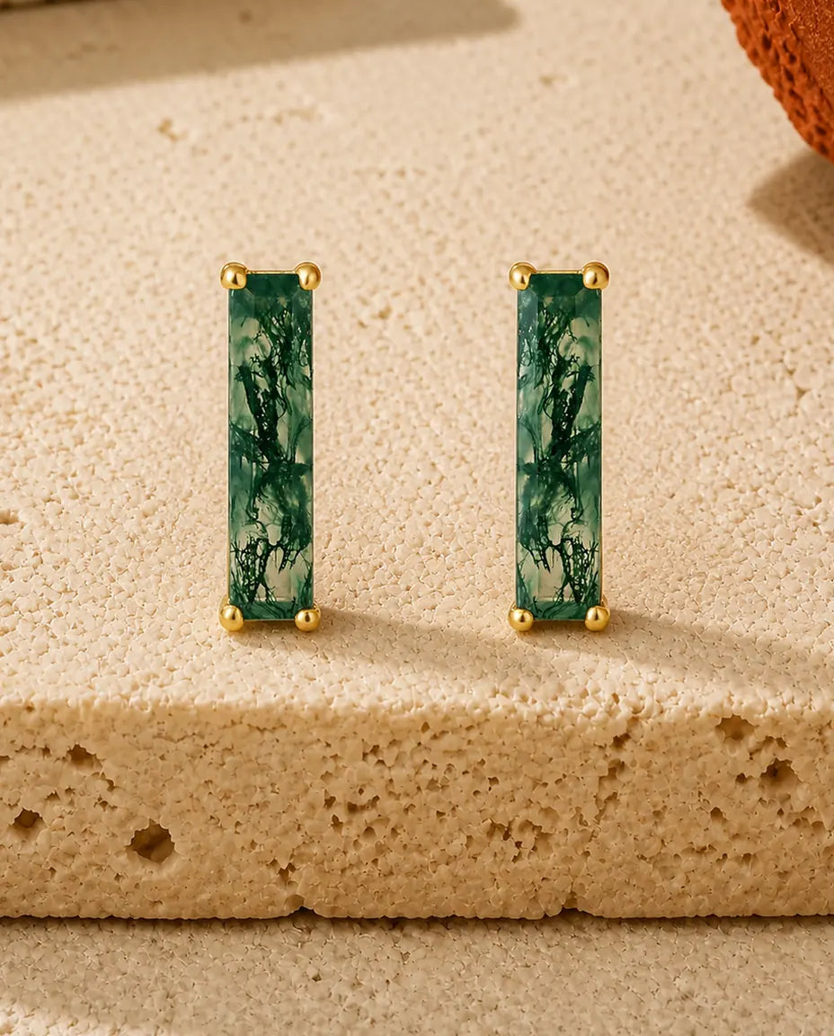 Mosagaat oorstekers - Lange baguette geslepen mosagaat, 925 sterling zilver verguld met 10 karaats goud