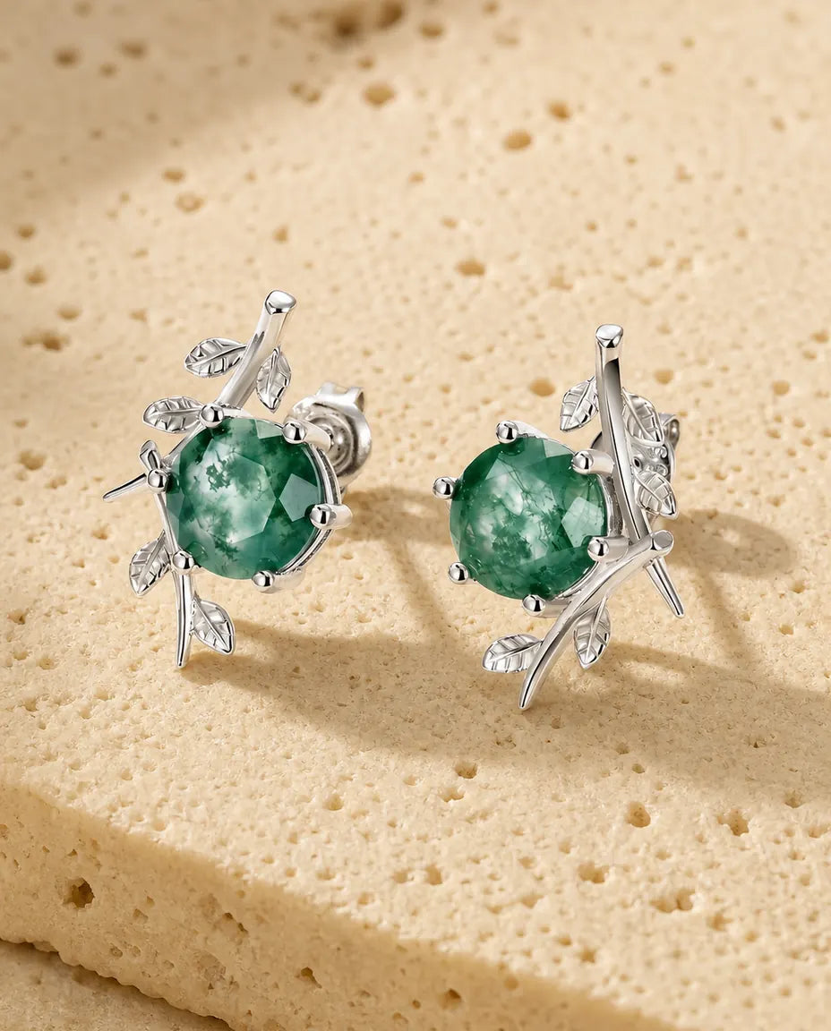 Mosagaat oorstekers - Ronde steen van 8 mm met zilveren bladtakje, 925 sterling zilver, cadeau voor haar