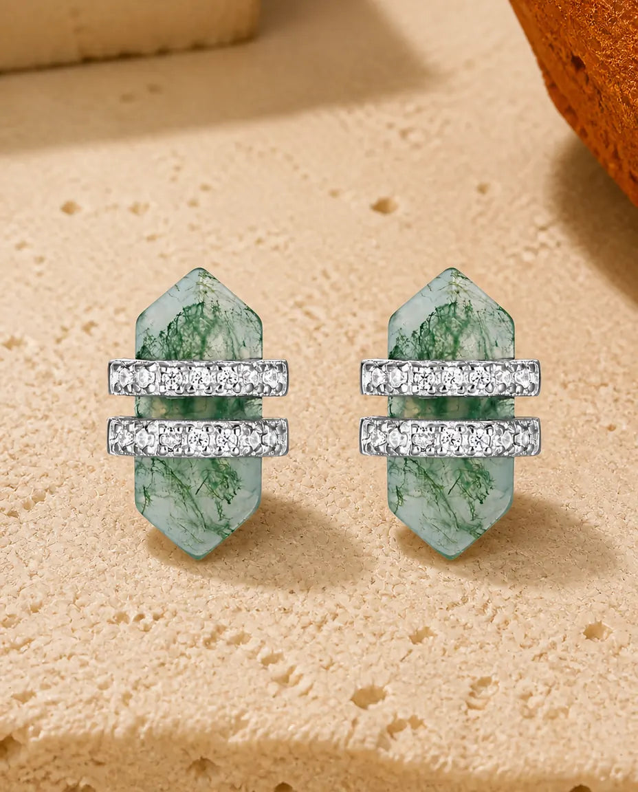 Mosagaat oorstekers - Groene mosagaat als dubbele punt kristal met twee zirkonia balkjes, 925 sterling zilver, cadeau voor haar