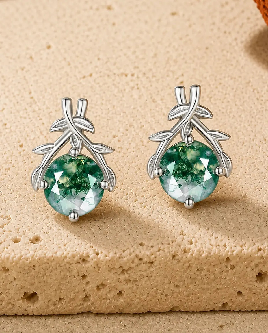 Mosagaat oorstekers - Ronde groene mosagaat onder gekruiste olijftakken, 16 x 11,5 mm, 925 sterling zilver, cadeau voor haar