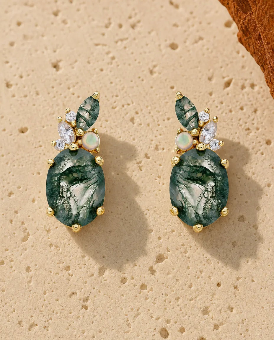 Mosagaat oorstekers - Ovale groene mosagaat met opaal en zirkonia, 925 sterling zilver met 10K goudlaag, cadeau voor haar