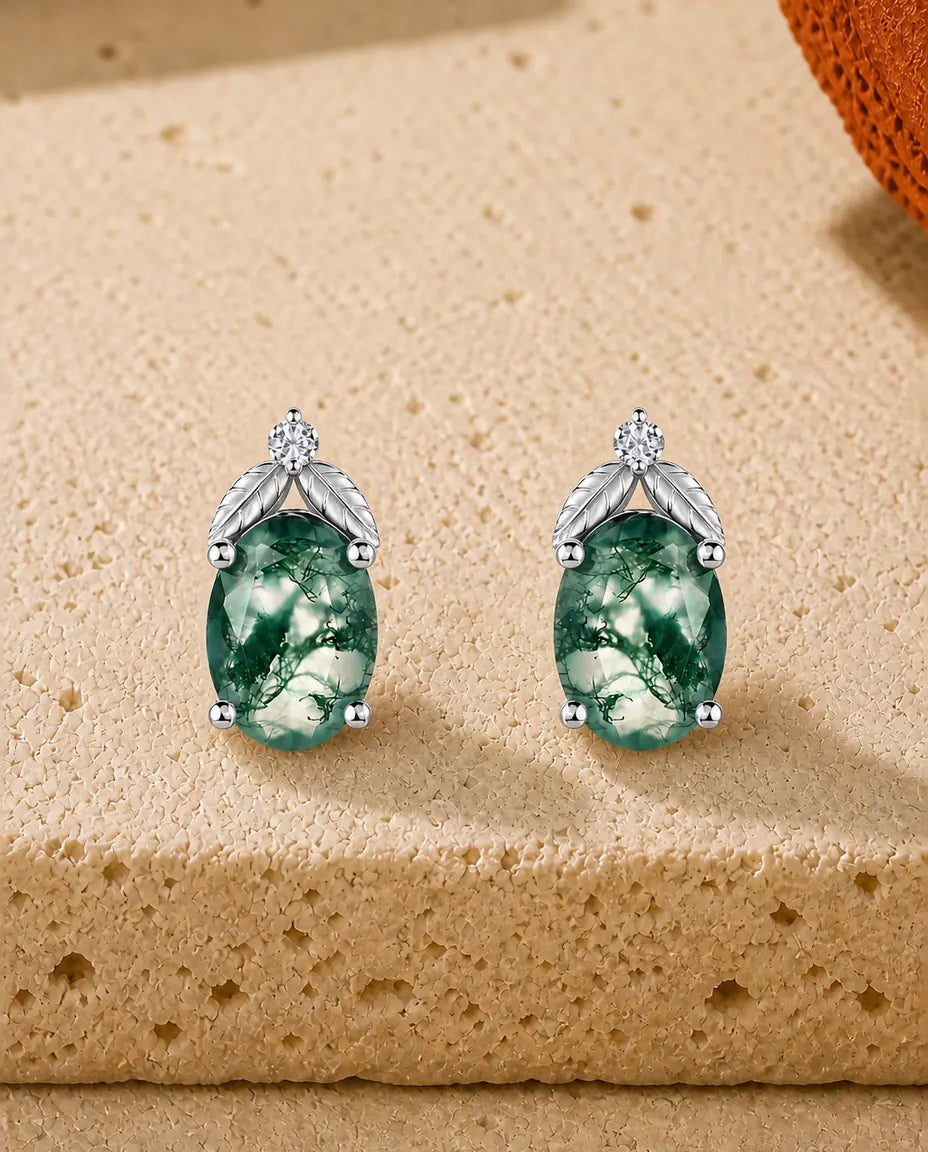 Mosagaat oorstekers - Ovale mosagaat onder twee zilveren blaadjes met zirkonia, 925 sterling zilver, cadeau voor haar