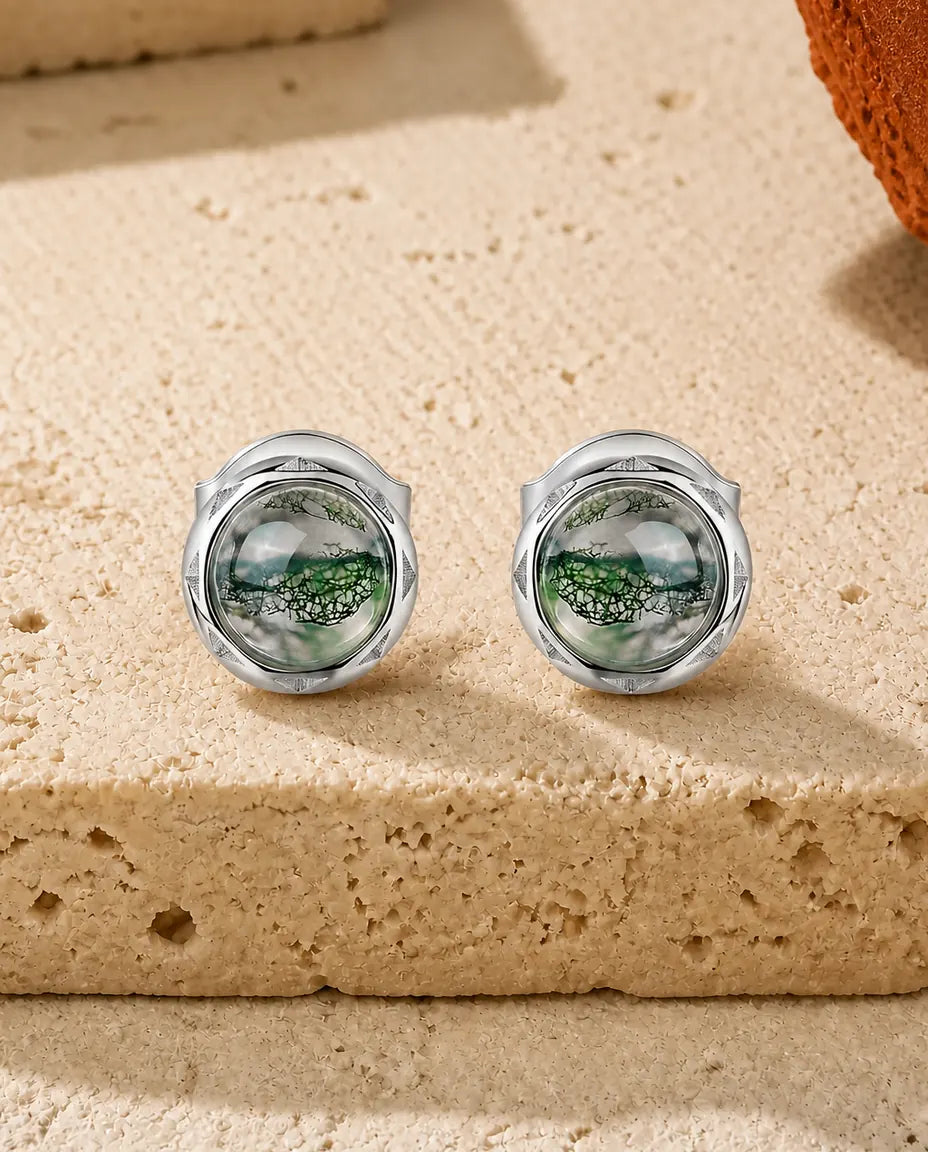 Mosagaat oorstekers - Ronde groene mosagaat cabochon in gedraaide koord kastzetting, 925 sterling zilver, cadeau voor haar