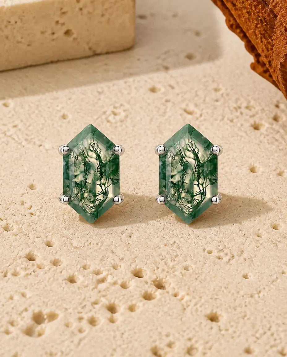 Mosagaat oorstekers - Langwerpig zeshoekslijpsel als solitair, 925 sterling zilver, cadeau voor elke dag