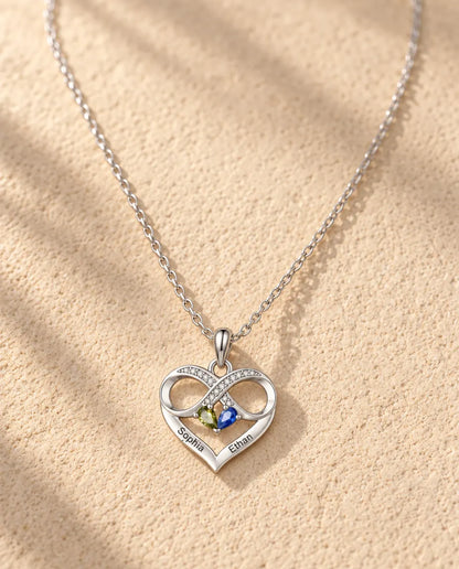 Gepersonaliseerde Geboortesteen Ketting met 2 Namen - oneindig hart met twee druppelstenen, gerhodineerd