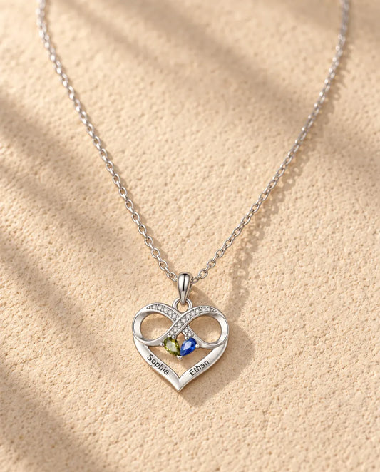 Gepersonaliseerde Geboortesteen Ketting met 2 Namen - oneindig hart met twee druppelstenen, gerhodineerd