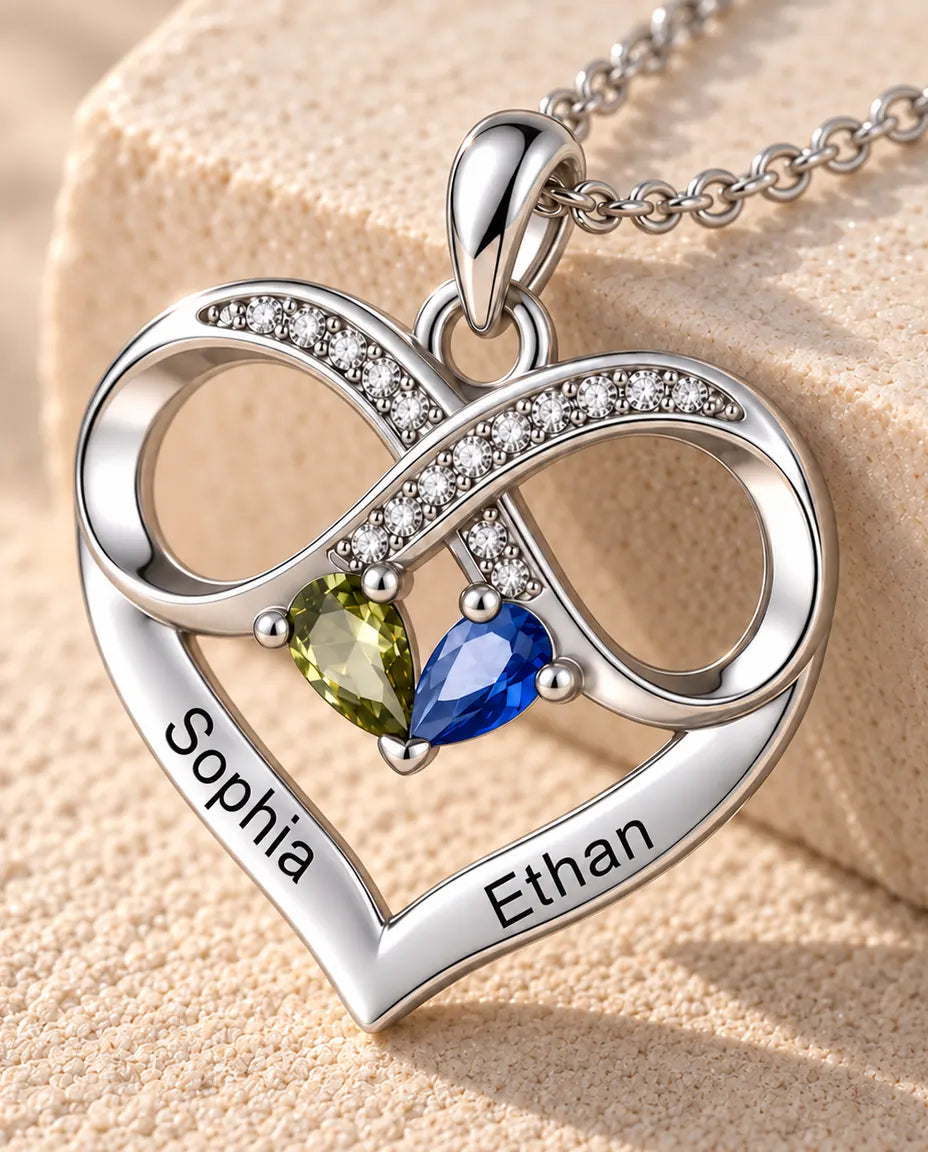 Gepersonaliseerde Geboortesteen Ketting met 2 Namen - oneindig hart met twee druppelstenen, gerhodineerd