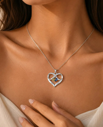 Gepersonaliseerde Geboortesteen Ketting met 2 Namen - oneindig hart met twee druppelstenen, gerhodineerd