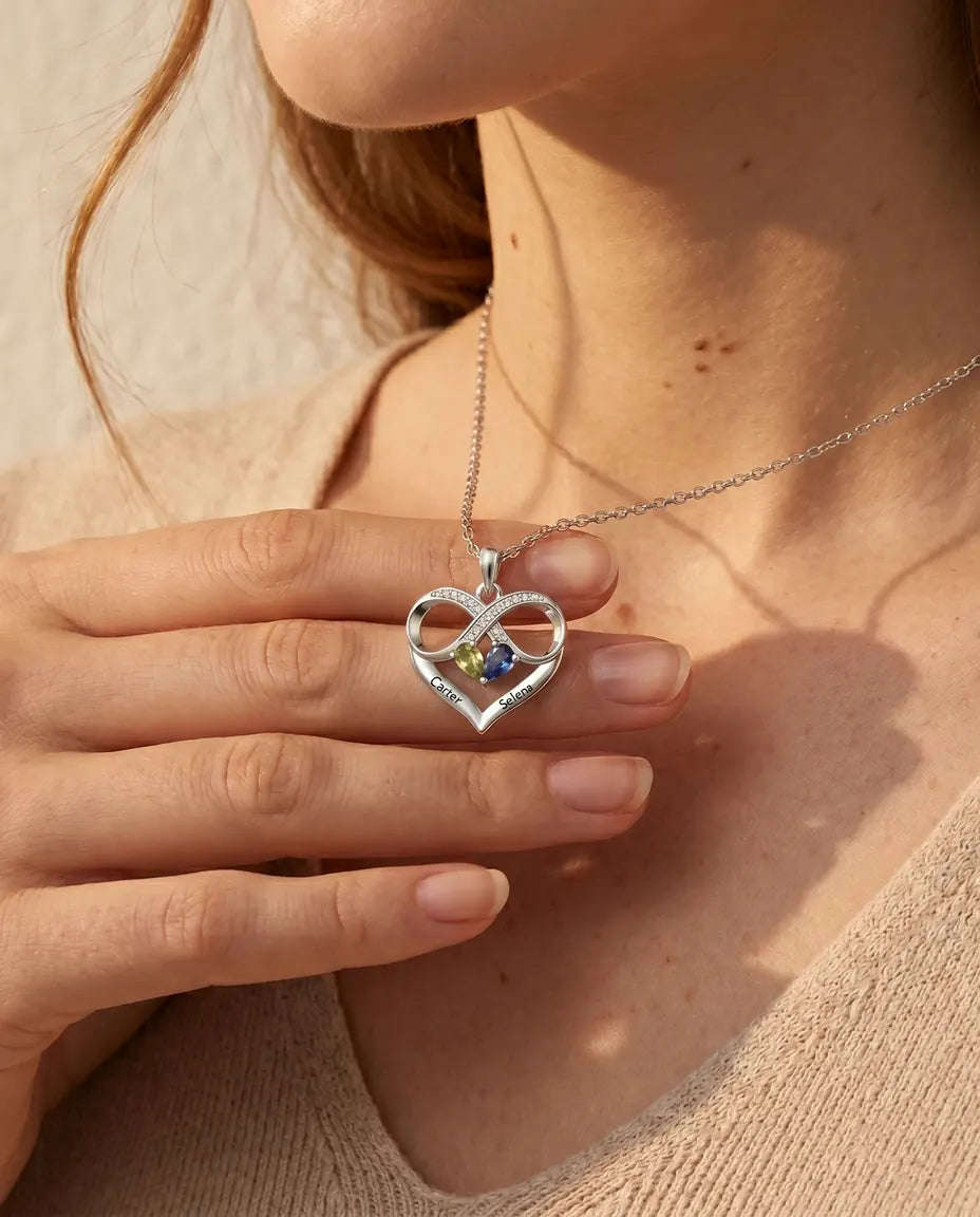 Gepersonaliseerde Geboortesteen Ketting met 2 Namen - oneindig hart met twee druppelstenen, gerhodineerd
