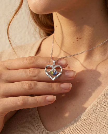 Gepersonaliseerde Geboortesteen Ketting met 2 Namen - oneindig hart met twee druppelstenen, gerhodineerd