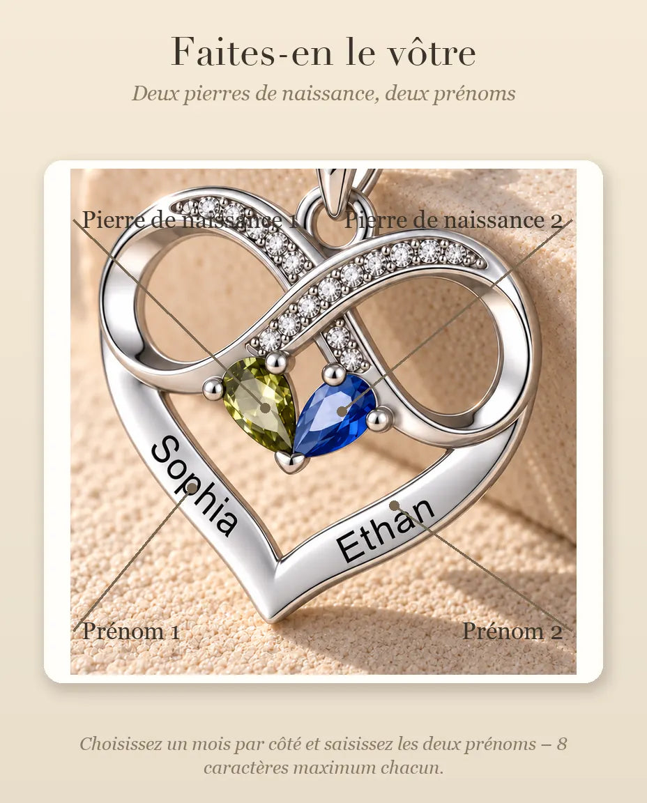 Gepersonaliseerde Geboortesteen Ketting met 2 Namen - oneindig hart met twee druppelstenen, gerhodineerd