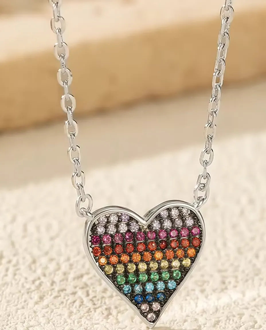 Regenboog Hart Ketting - hanger met pavé in zirkonia verloop, 40+5 cm, 925 sterling zilver