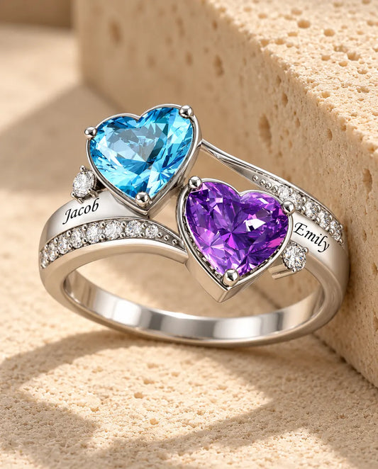 Gepersonaliseerde Ring met 2 Hartvormige Geboortestenen en 2 Namen - 925 zilveren ring voor je vrouw - in sterling zilver