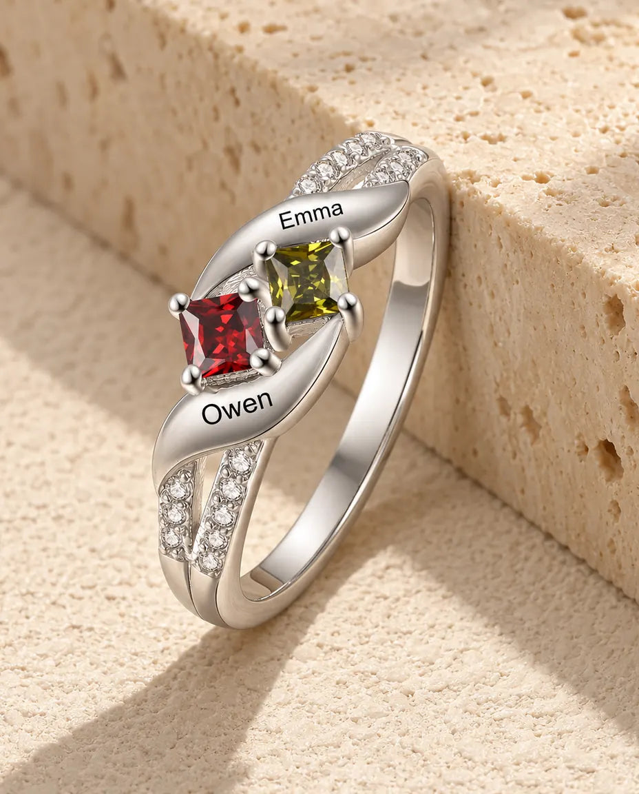 Gepersonaliseerde Ring met 2 Namen en 2 Geboortestenen - 925 zilveren ring voor koppel of mama met gravure