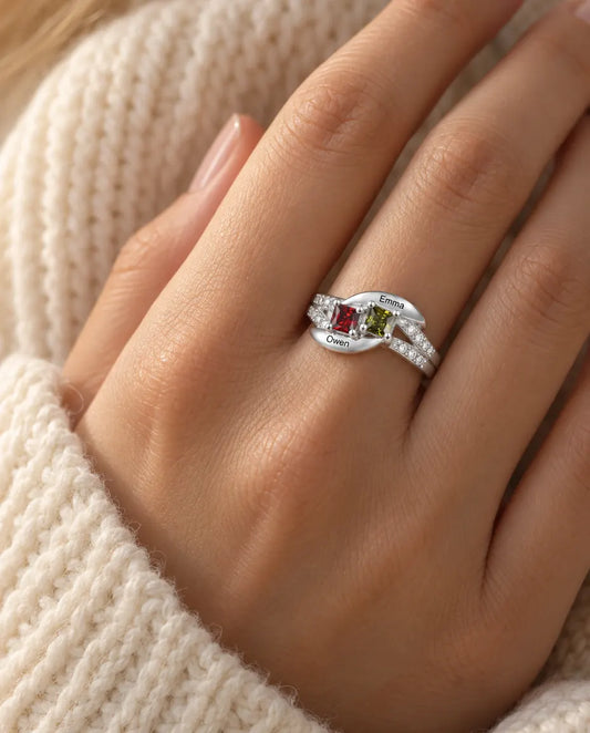 Gepersonaliseerde Ring met 2 Namen en 2 Geboortestenen - 925 zilveren ring voor koppel of mama met gravure