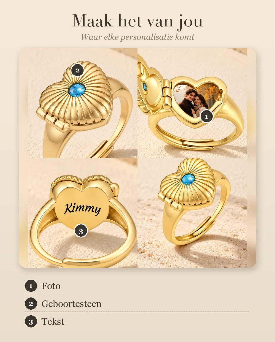 Personalisatiegids voor de hartvormige medaillonring: foto, geboortesteen en gravure