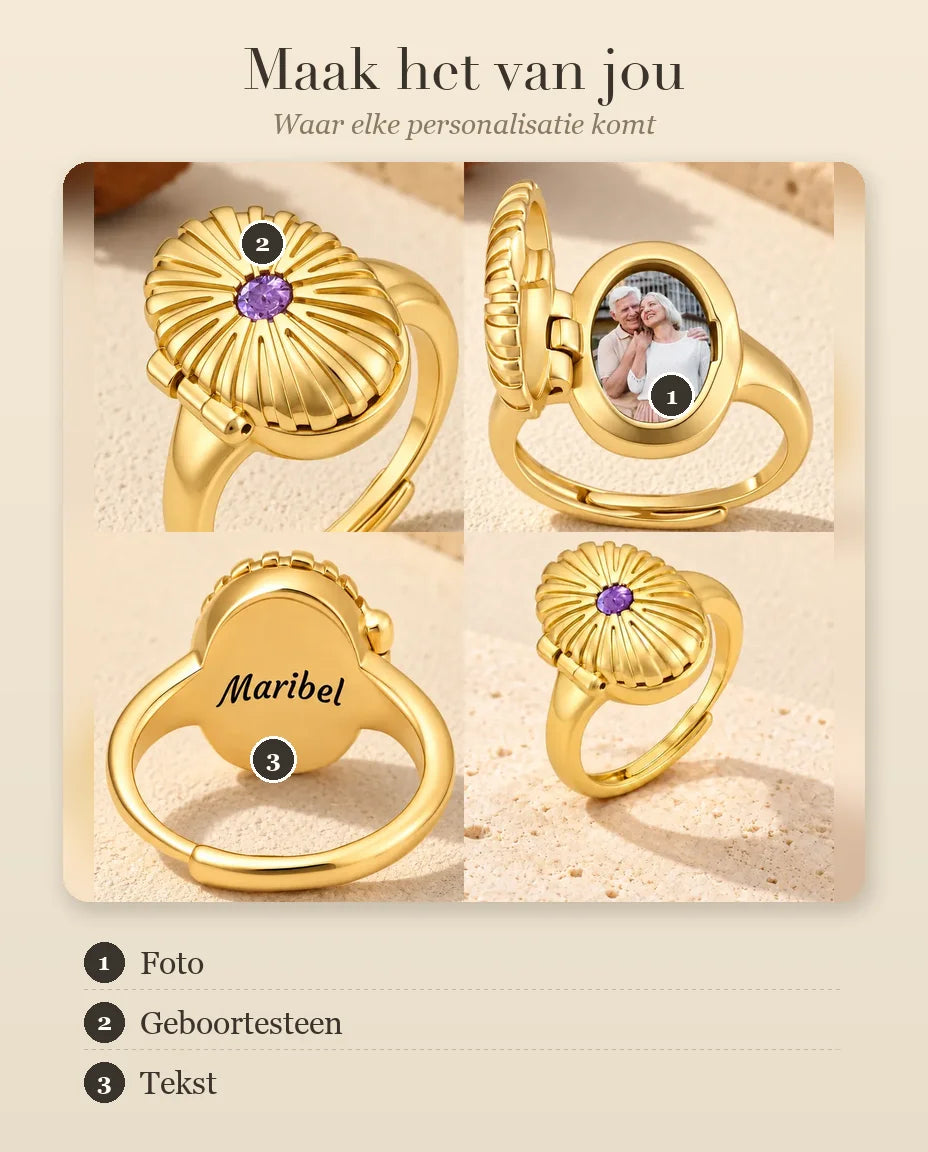 Personalisatiegids voor de ovale medaillonring: foto, geboortesteen en gravure